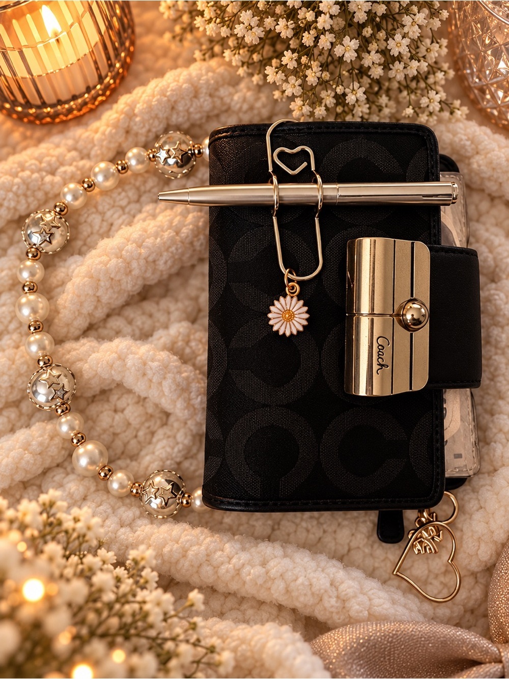 Coach Black Signature Card Holder with Gold Hardware and Pearl Charm